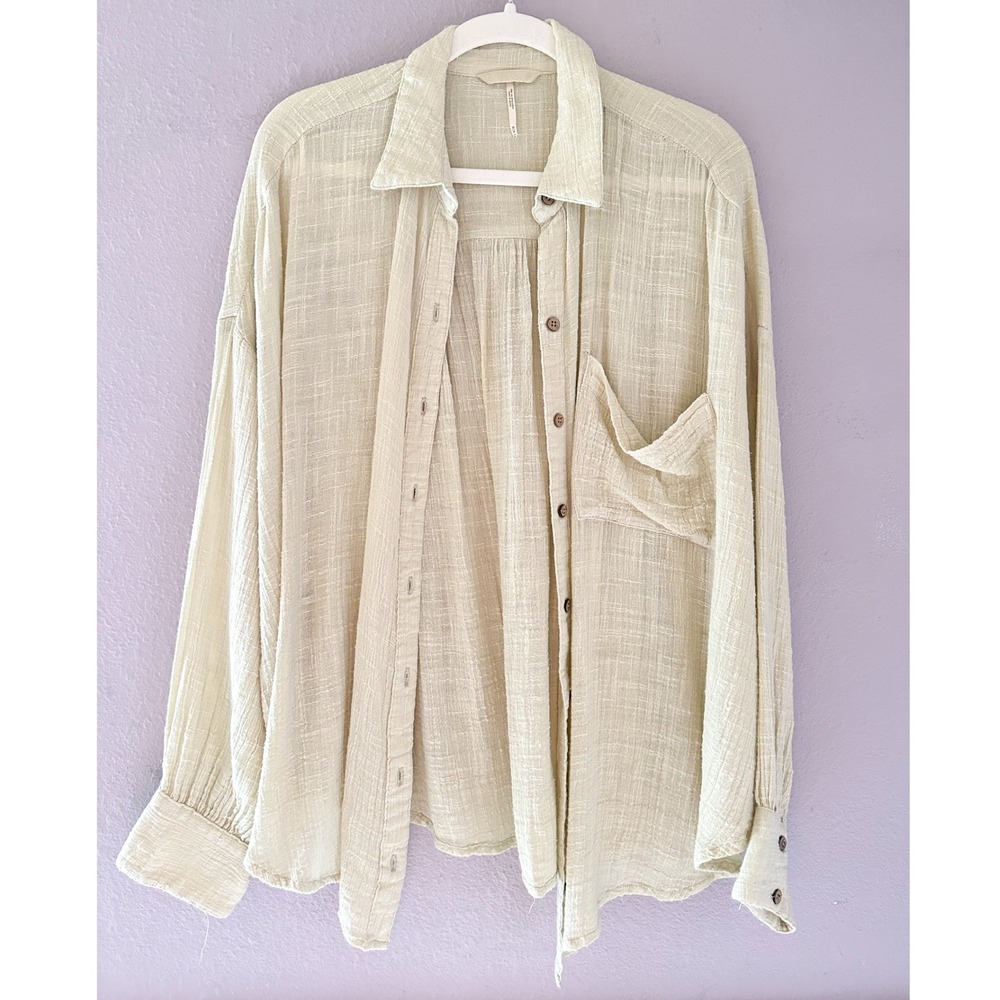 Free People Lightweight Cream Button-Down Shirt loose knit boho beachy
